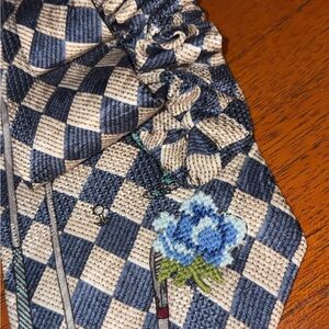 Checkered Blue and Beige hand made neck tie.